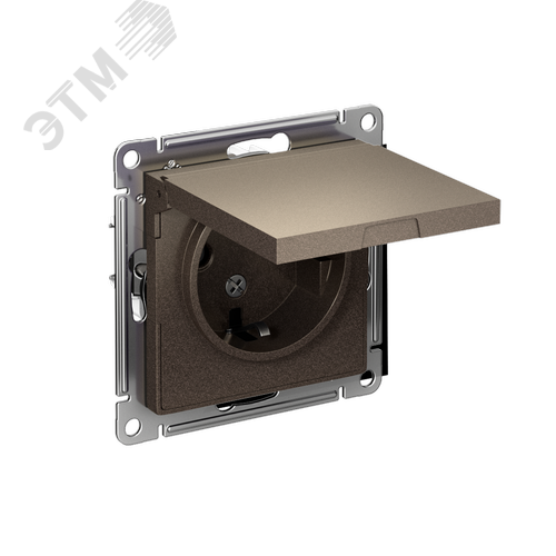 Изображение товара Розетка ATLASDESIGN с заземлением со шторками с крышкой 16А IP20 механизм мокко (шт)