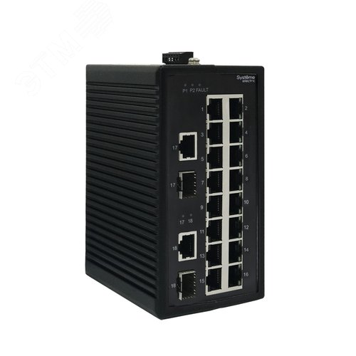 Изображение товара Коммутатор промышленный неуправляемый Ethernet, 16x10/100BaseT, 2x100/1000BaseX SFP (шт)