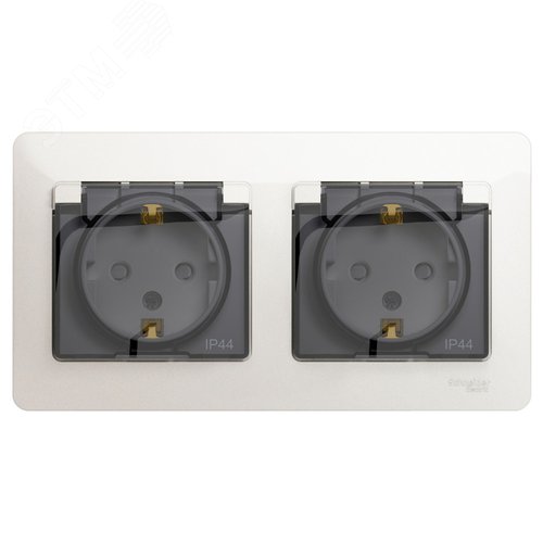 Изображение товара Розетка GLOSSA двойная с заземлением со шторками в сборе IP44 Перламутр (шт)