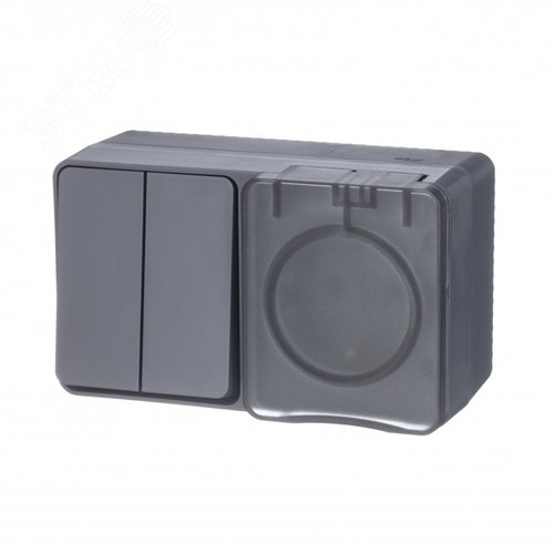 AtlasDesign Profi54 БЛОК: розетка с  заземлением со шторками 16А 250B, выключатель двухклавишный IP54 10А, АНТРАЦИТ, Россия - фото 1