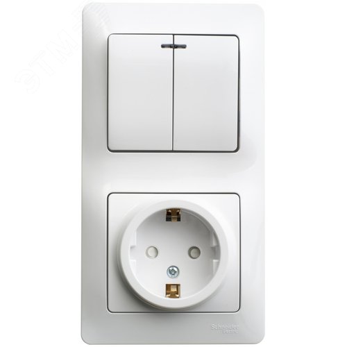 Блок: розетка с заземлением со шторками + выключатель двухклавишный с подсветкой белый - фото 1