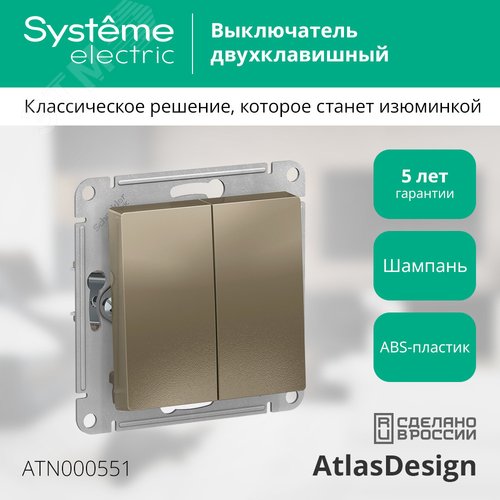 Выключатель двухклавишный ATLASDESIGN схема 5 10АХ механизм шампань - фото 4