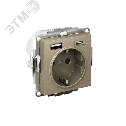 ATLASDESIGN РОЗЕТКА 16А c 2 USB A+C, 5В/2,4А/3,0А, 2х5В/1,5А, механизм, ШАМПАНЬ - фото 1