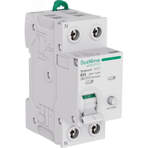 Изображение товара Выключатель автоматический дифференциального тока (Автоматический выключатель дифференциального тока АВДТ) 1P+N B 25A 6kA 30мА Тип-A 230В Systeme9 (шт)