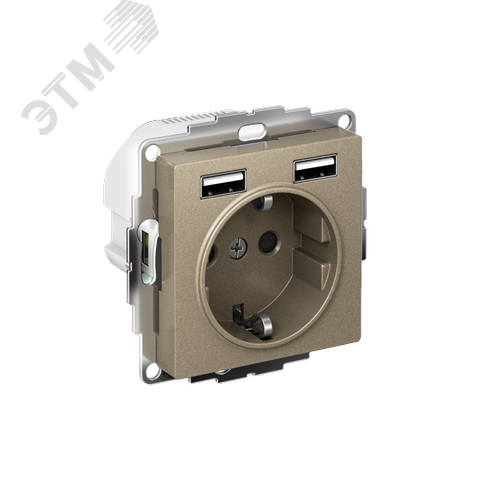 РОЗЕТКА ATLASDESIGN 16А c 2 USB A+A, 5В/2,4А, 2х5В/1,2А, механизм, ШАМПАНЬ - фото 1