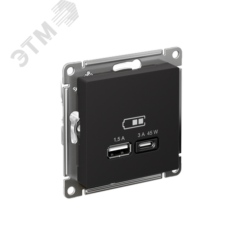 Изображение товара ATLASDESIGN USB РОЗЕТКА A + тип-C 45W высокоскор.заряд. QC, PD, механизм, КАРБОН (шт)