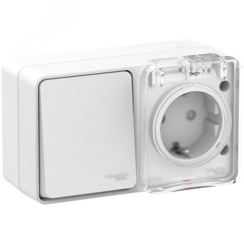 AtlasDesign Profi54 БЛОК: розетка с  заземлением со шторками 16А 250B, выключатель одноклавишный IP54 10А, БЕЛЫЙ, Россия - фото 4