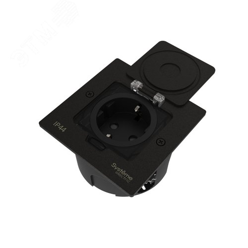 Лючок MultiDeS с розеткой 2К+З 16А/250В IP44 с монтажной коробкой для стены фальшпола стола Чёрный матовый тип MDK21 - фото 1