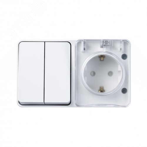 AtlasDesign Profi54 О/У БЛОК: розетка с  заземлением со шторками 16А 250B, выключатель двухклавишный IP54 10А, БЕЛЫЙ, Россия - фото 5