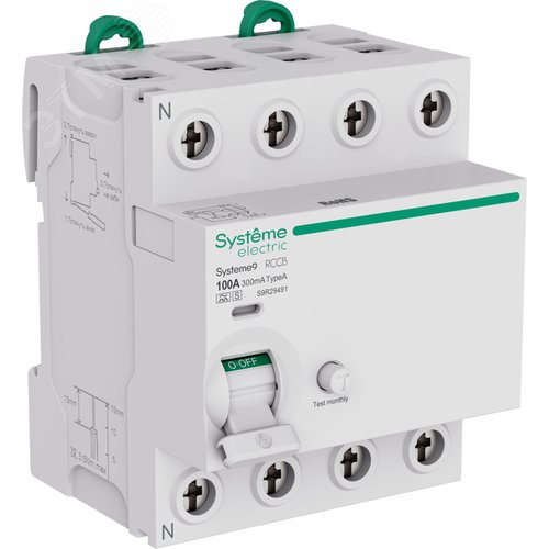 Изображение товара Выключатель дифференциального тока селективный (ВДТ/УЗО) 100A 4P 300мА Тип-A-S 400В Systeme9 (шт)