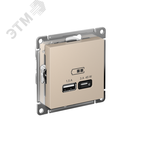 Изображение товара ATLASDESIGN USB РОЗЕТКА A + тип-C 45Вт высокоскор.заряд. QC,PD, механизм, ПЕСОЧНЫЙ (шт)