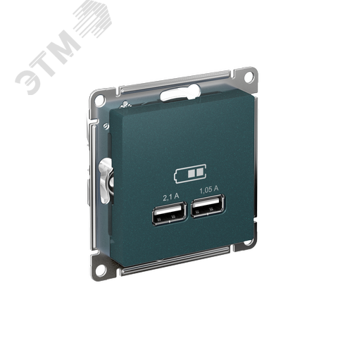 Изображение товара Розетка ATLASDESIGN USB 5В 1 порт x 2,1 А 2 порта х 1,05 А механизм изумруд (шт)