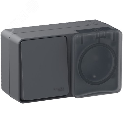 AtlasDesign Profi54 БЛОК:розетка с  заземлением со шторками 16А 250B, выключатель одноклавишный IP54 10А, АНТРАЦИТ, Россия - фото 5