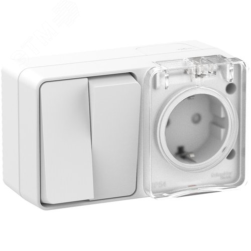AtlasDesign Profi54 О/У БЛОК: розетка с  заземлением со шторками 16А 250B, выключатель двухклавишный IP54 10А, БЕЛЫЙ, Россия - фото 4