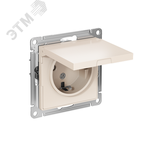 Изображение товара Розетка ATLASDESIGN с заземлением со шторками с крышкой 16А IP20 механизм бежевый (шт)