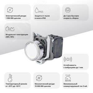 Кнопка SB4 с подсветкой в сборе модульная 22мм белая металл 24ВDC 1НО - фото 2