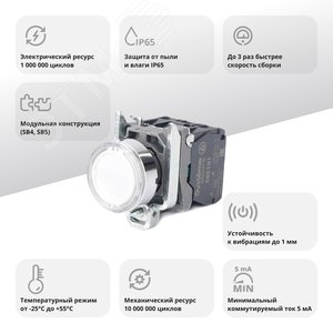 Кнопка SB4 с подсветкой в сборе модульная 22мм белая металл 24ВDC 1НО+1НЗ - фото 2
