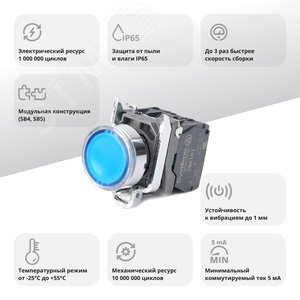 Кнопка SB4 с подсвет в сборе модуль 22мм синяя металл 230-240ВAC 1НО+1НЗ - фото 2