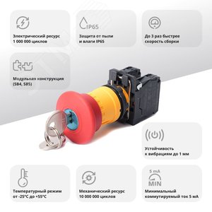 Кнопка аварийного останова SB5 в сборе 22мм 40мм ключ пластик 1НО+1НЗ - фото 2