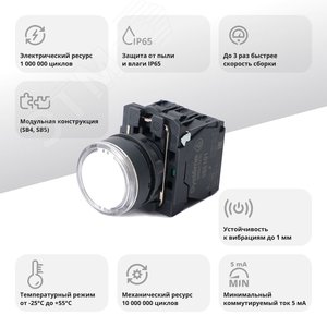 Кнопка SB5 с подсвет в сборе модуль 22мм белая пластик 230-240ВAC 1НО+1НЗ - фото 2