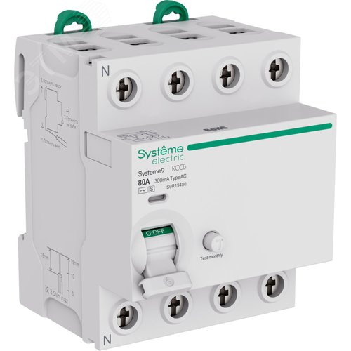 Изображение товара Выключатель дифференциального тока селективный (ВДТ/УЗО) 80A 4P 300мА Тип-AC-S 400В Systeme9 (шт)