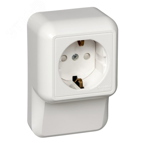 Изображение товара ПРИМА Розетка наружная с заземлением плинтусная 250В 16А со шторками белая монтажная пластина (шт)