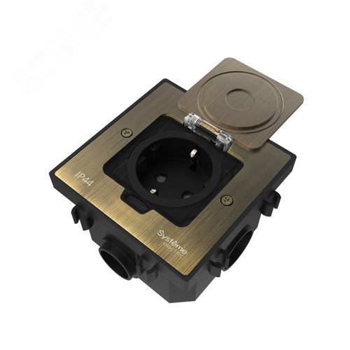 Лючок MultiDeS с розеткой 2К+З 16А/250В IP44 с монтажной коробкой для бетонных полов Античная латунь тип MDK21 - фото 1