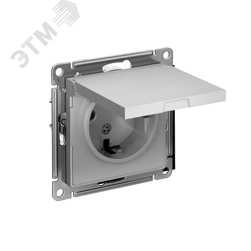 Изображение товара Розетка ATLASDESIGN с заземлением со шторками с крышкой 16А IP20 механизм алюминий (шт)