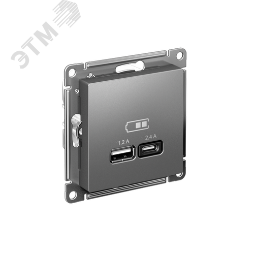Изображение товара РОЗЕТКА USB ATLASDESIGN A+С, 5В/2,4 А, 2х5В/1,2 А, механизм, СТАЛЬ (шт)