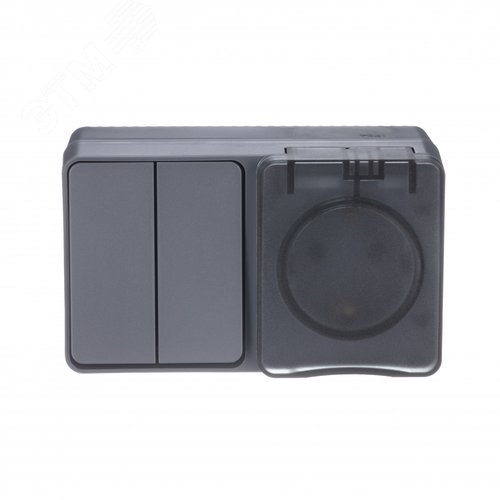 AtlasDesign Profi54 БЛОК: розетка с  заземлением со шторками 16А 250B, выключатель двухклавишный IP54 10А, АНТРАЦИТ, Россия - фото 4