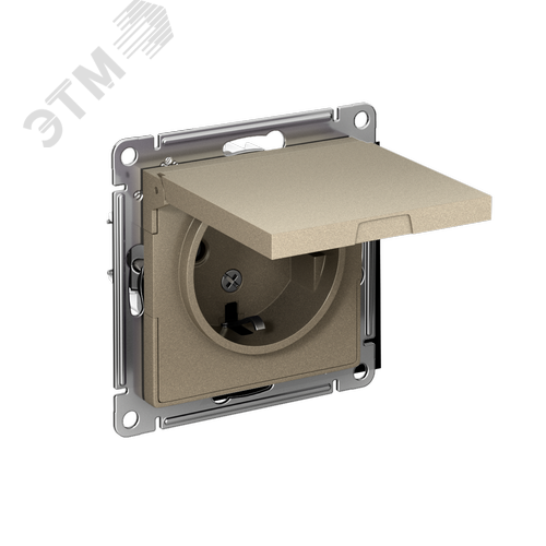 Изображение товара Розетка ATLASDESIGN с заземлением со шторками с крышкой 16А IP20 механизм шампань (шт)