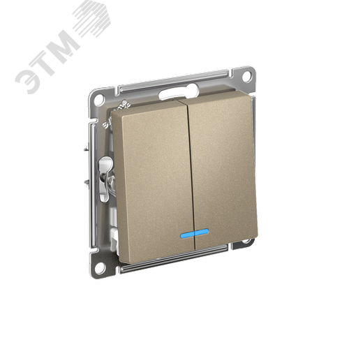 Изображение товара Выключатель двухклавишный ATLASDESIGN с подсветкой схема 5а 10АХ механизм шампань (шт)