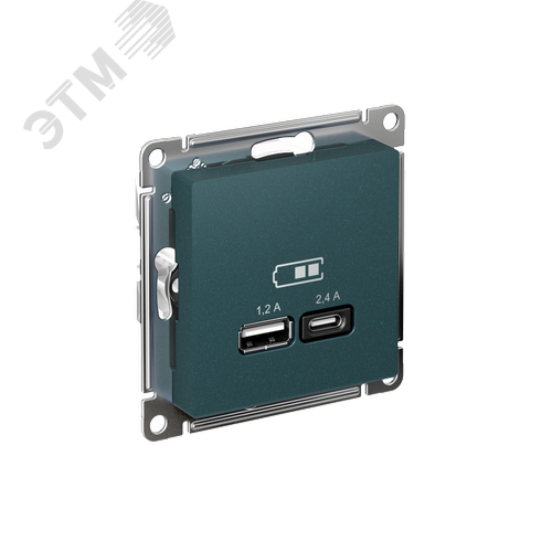 Изображение товара РОЗЕТКА USB ATLASDESIGN A+С, 5В/2,4 А, 2х5В/1,2 А, механизм, ИЗУМРУД (шт)