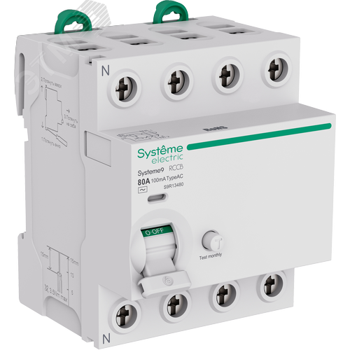 Изображение товара Выключатель дифференциального тока (ВДТ) 80A 4P 100мА Тип-AC 400В Systeme9 (шт)