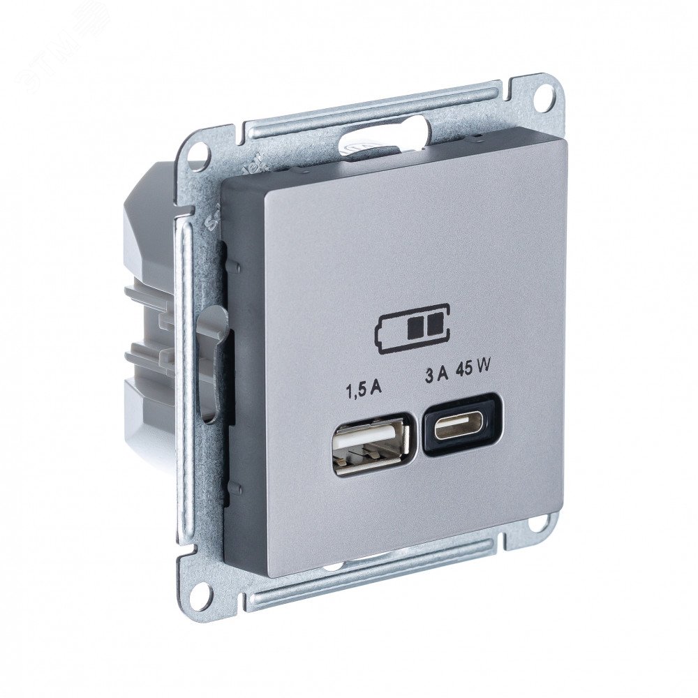 ATLASDESIGN USB РОЗЕТКА A + тип-C 45W высокоскор.заряд. QC, PD, механизм, СТАЛЬ ATN000929 Systeme Electric - превью 2