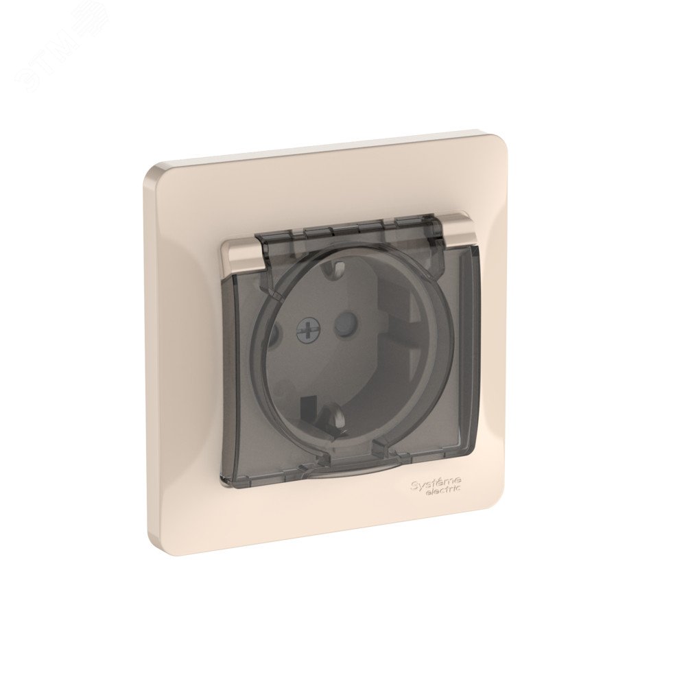 Изображение товара Розетка с заземлением IP44, шторки, крышка, быстрозажимы, бежевый, 16А, 220В, система Systeme Elect