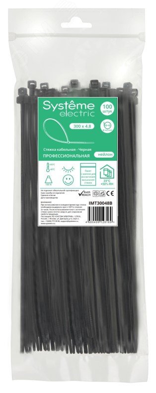 Изображение товара Кабельная стяжка Systeme Electric MultiSet 300х4.8 черная 100 шт упаковка