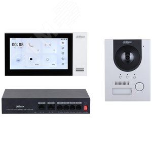 Изображение товара Комплект IP видеодомофона для накладного монтажа (Панель вызывная DHI-VTO2201F-P, видеодомофон с WiFi DHI-VTH2421FW-P, неуправляемый 4-портовый коммутатор DH-PFS3005-4ET-36E) (шт)