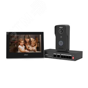 Изображение товара Комплект IP видеодомофона (Панель вызывная DHI-VTO2111D-P-S3, видеодомофон с WiFi DHI-VTH2621G-P, неуправляемый 4-портовый коммутатор с Poe DH-PFS3006-4ET-36), черный (шт)