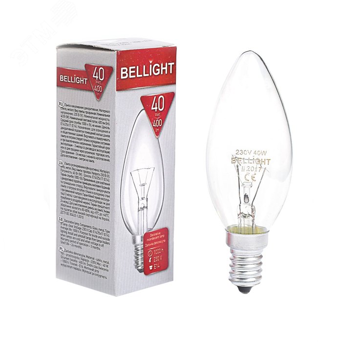Лампа накаливания декоративная ДС 40Вт 230В Е14(cвеча) цветная упаковка 15062593 BELLIGHT