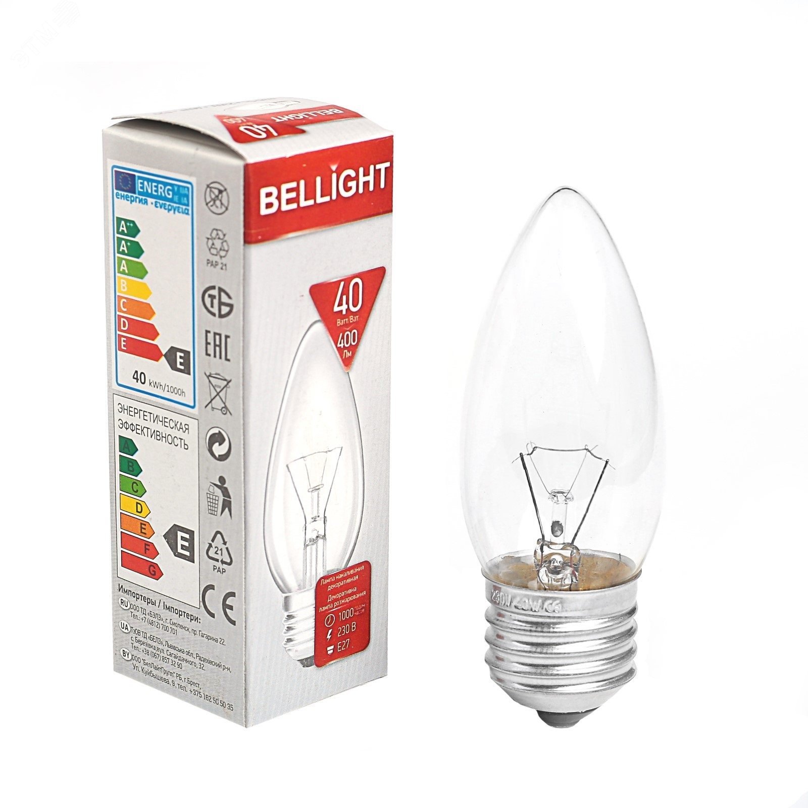 Изображение товара Лампа накаливания декоративная ДС 40Вт 230В Е27(cвеча) цветная упаковка (шт)