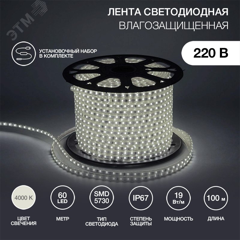 Изображение товара Лента LED уличная 220В, 6.5x13мм, IP67, SMD 5730, 60 LED/м, белый, 100м (м)