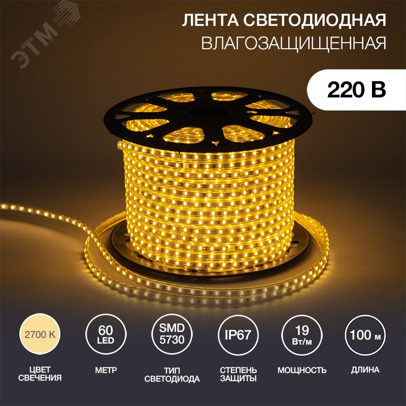 Изображение товара Лента LED уличная 220В, 6.5x13мм, IP67, SMD 5730, 60 LED/м, Теплый белый, 100м (м)