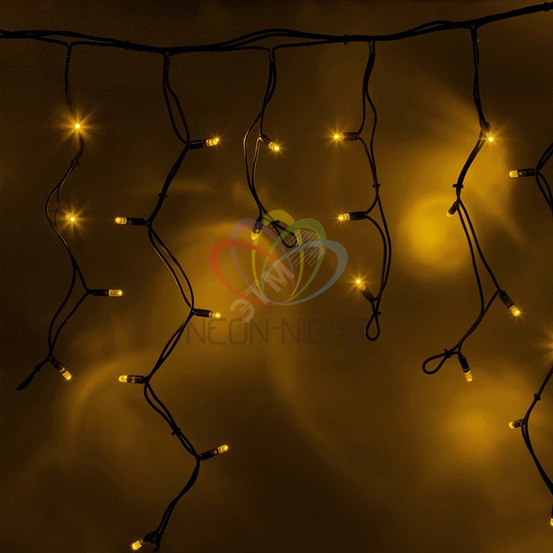 Гирлянда Айсикл Бахрома светодиодный, 4,0 х 0,6 м, черный провод каучук, 230 В, диоды желтые, 128 LED 255-221 Neon-Night