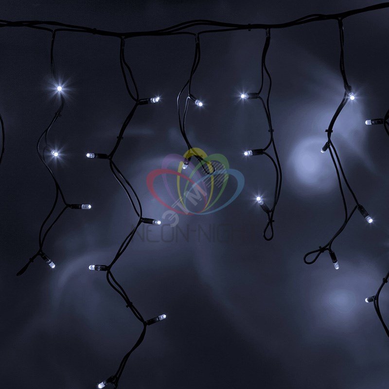 Гирлянда Айсикл Бахрома светодиодный, 4,0 х 0,6 м, черный провод каучук, 230 В, диоды белые, 128 LED 255-225 Neon-Night