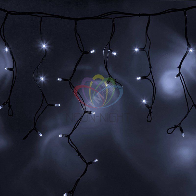 Гирлянда Айсикл Бахрома светодиодный, 3,2 х 0,6 м, черный провод каучук, 230 В, диоды белые, 88 LED 255-275 Neon-Night
