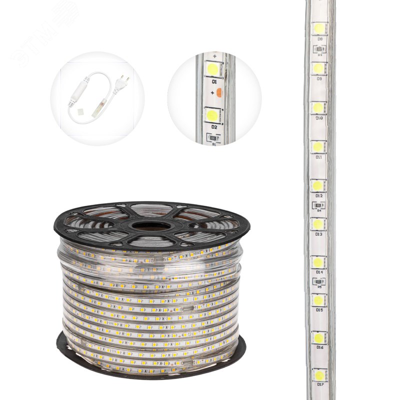 Лента LED уличная герметичная в силиконовой оболочке 220В 13х8мм IP67 SMd5050 60 диодов/метр белый (бухта 50м) 142-105 Neon-Night - превью