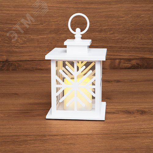 Изображение товара Фонарь декоративный со свечкой, белый корпус со снежинкой, размер 12х12х18 см, тёплый белый (шт)