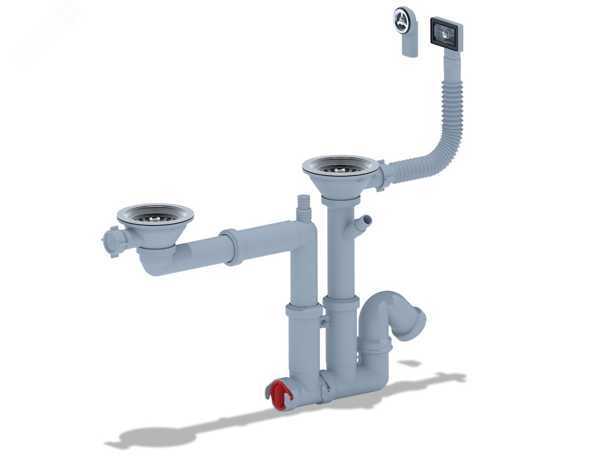 Изображение товара Сифон для мойки 3 1/2x40 двойной смещенный с отводом для стиральной машины с гибким круглым и прямоугольным переливом (шт)