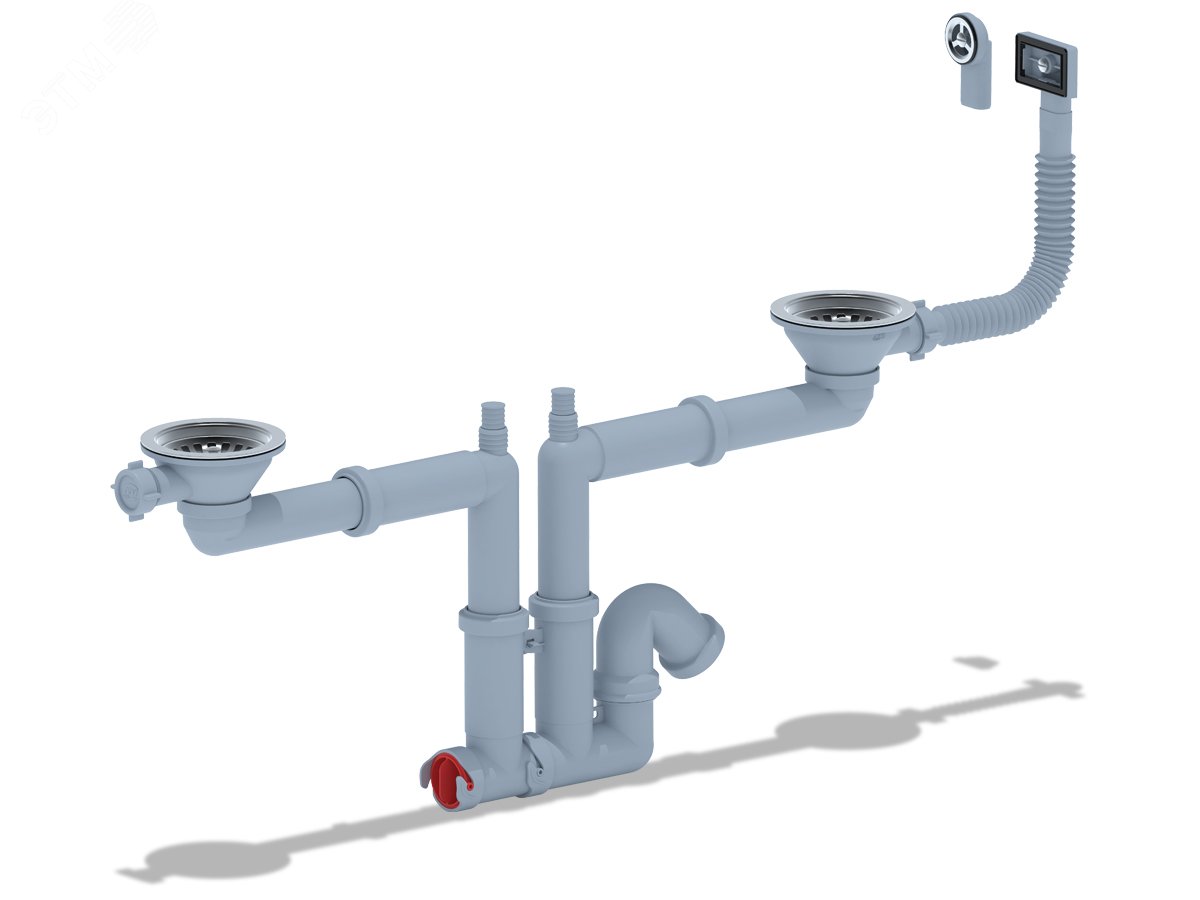 Изображение товара Сифон для мойки 3 1/2x40 двойной с отводом для стиральной машины с гибким круглым и прямоугольным переливом (шт)